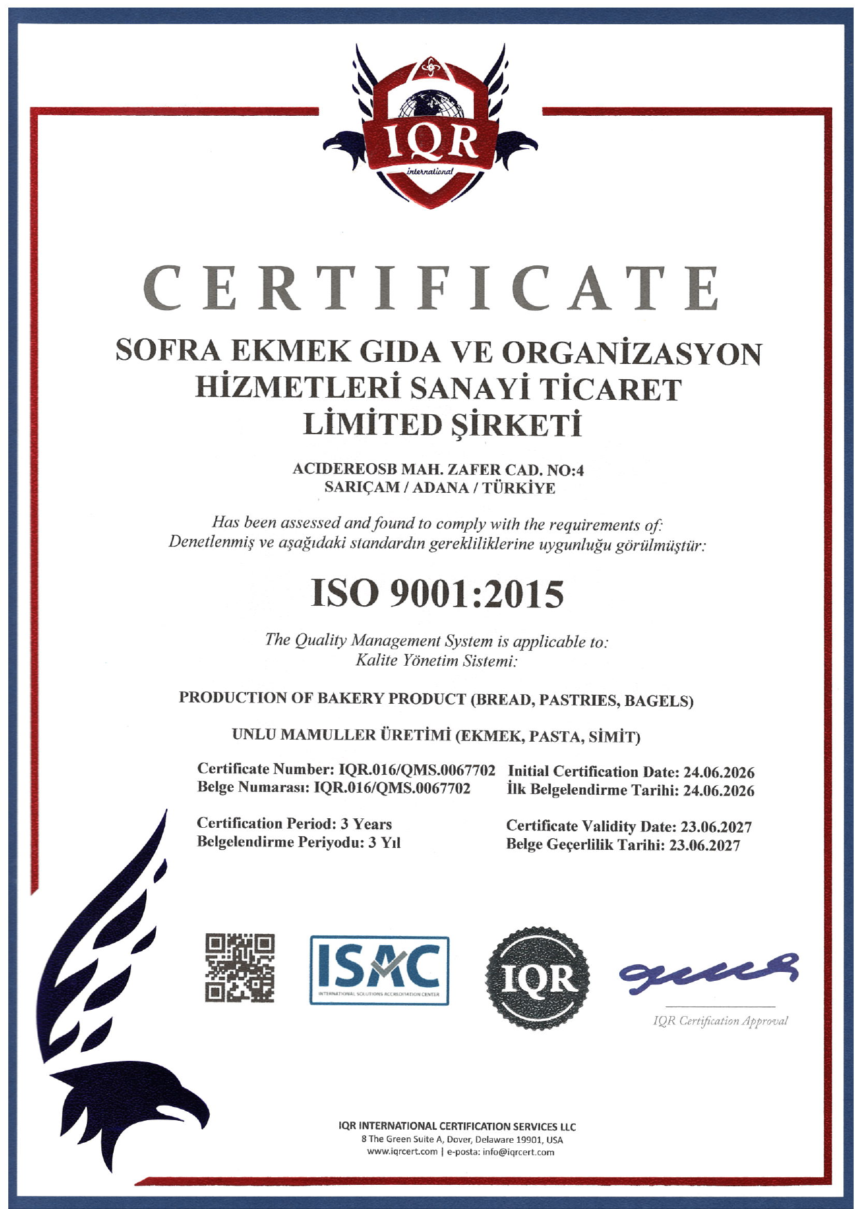 Sofra Ekmek ISO 9001:2015 sertifikası