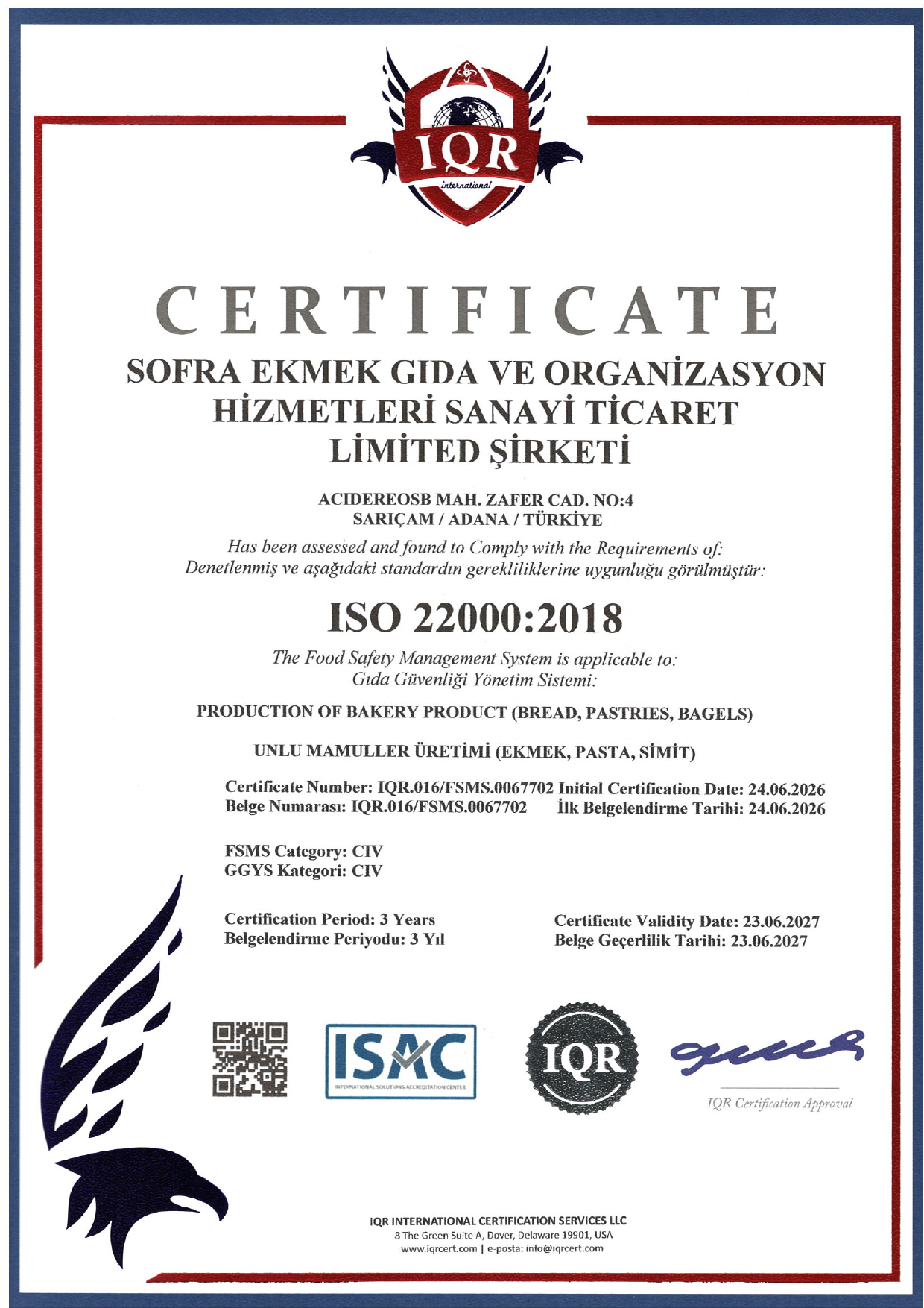 Sofra Ekmek ISO 22000:2018 sertifikası