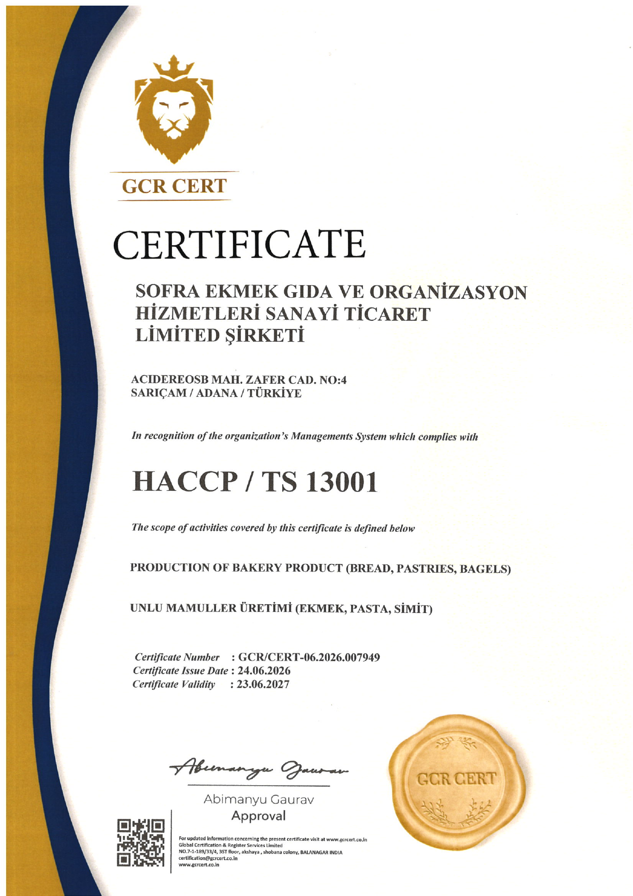 Sofra Ekmek HACCP TS 13001 sertifikası